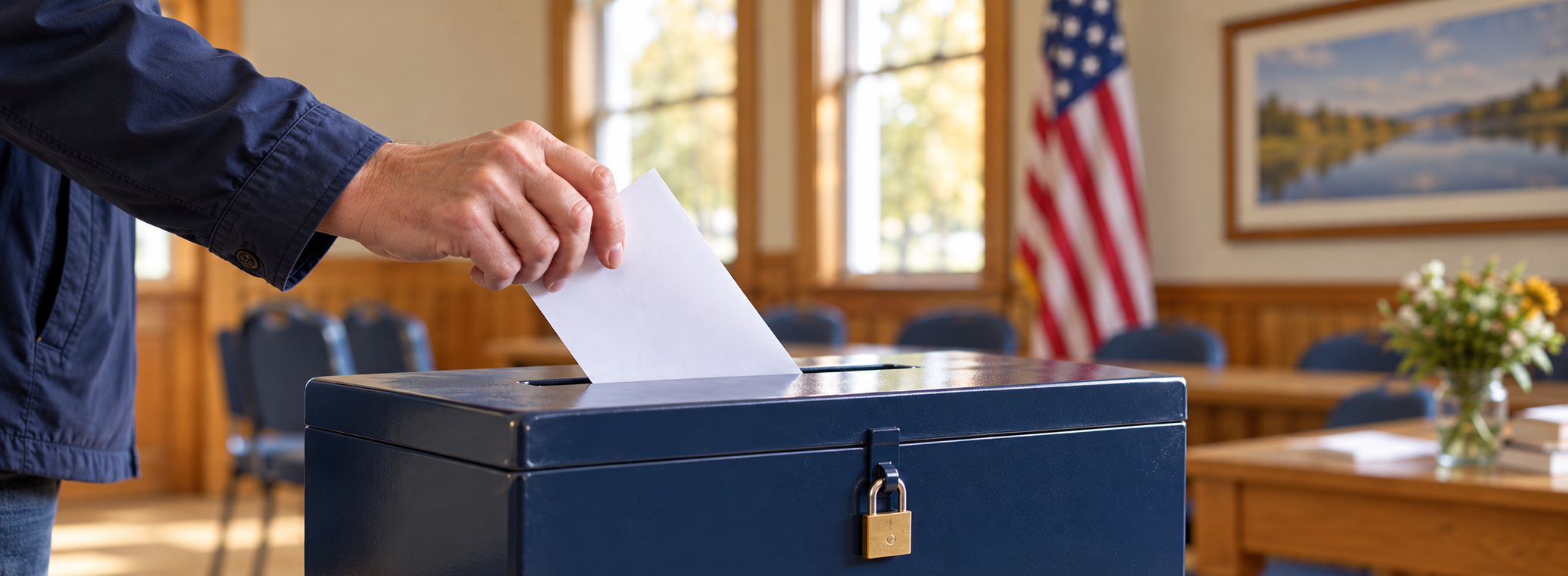 A voter placing a ballot into a ballot box during a local election.