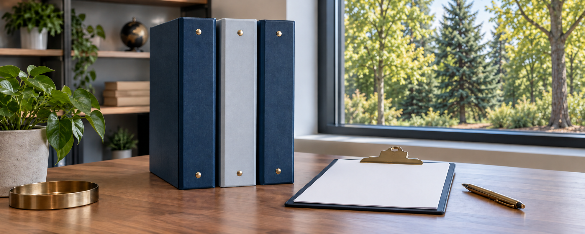 Desk with binders and a clipboard
