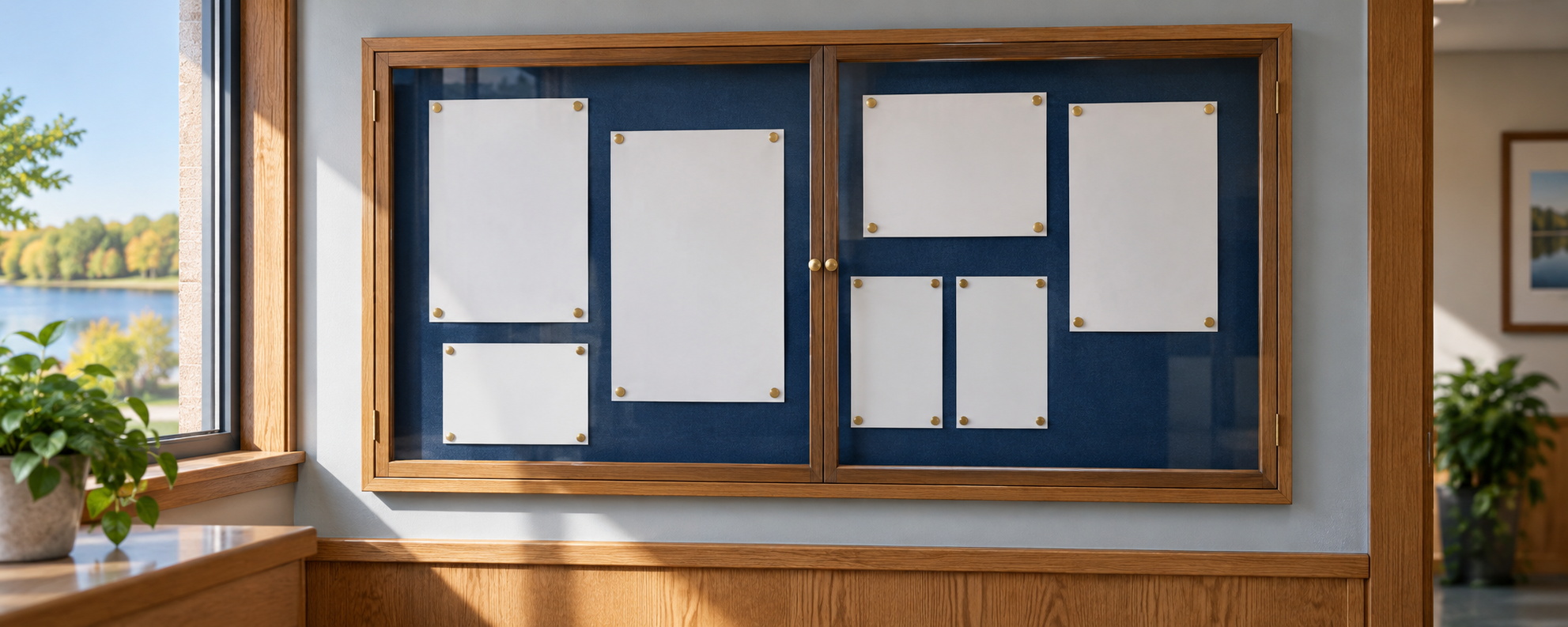 A wood-framed public notice board with blank notices inside a township building.