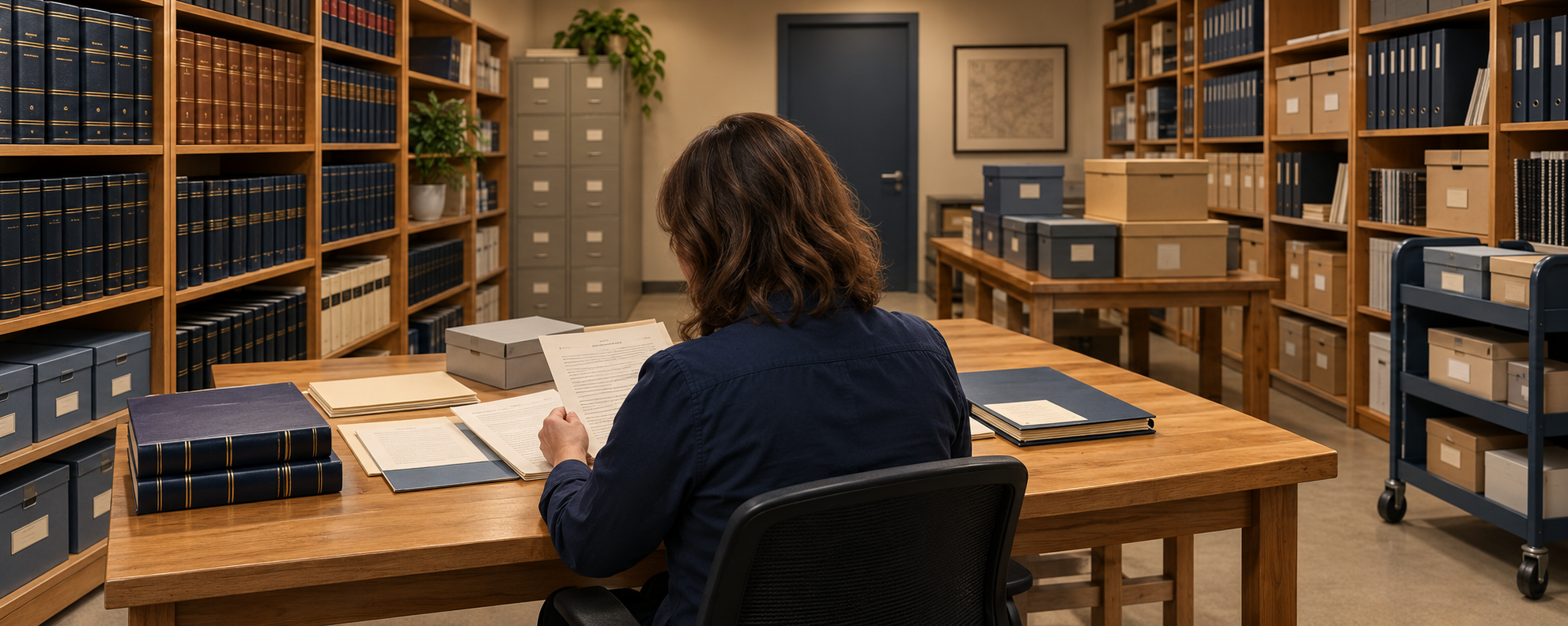 Person sitting at a table with books and binders